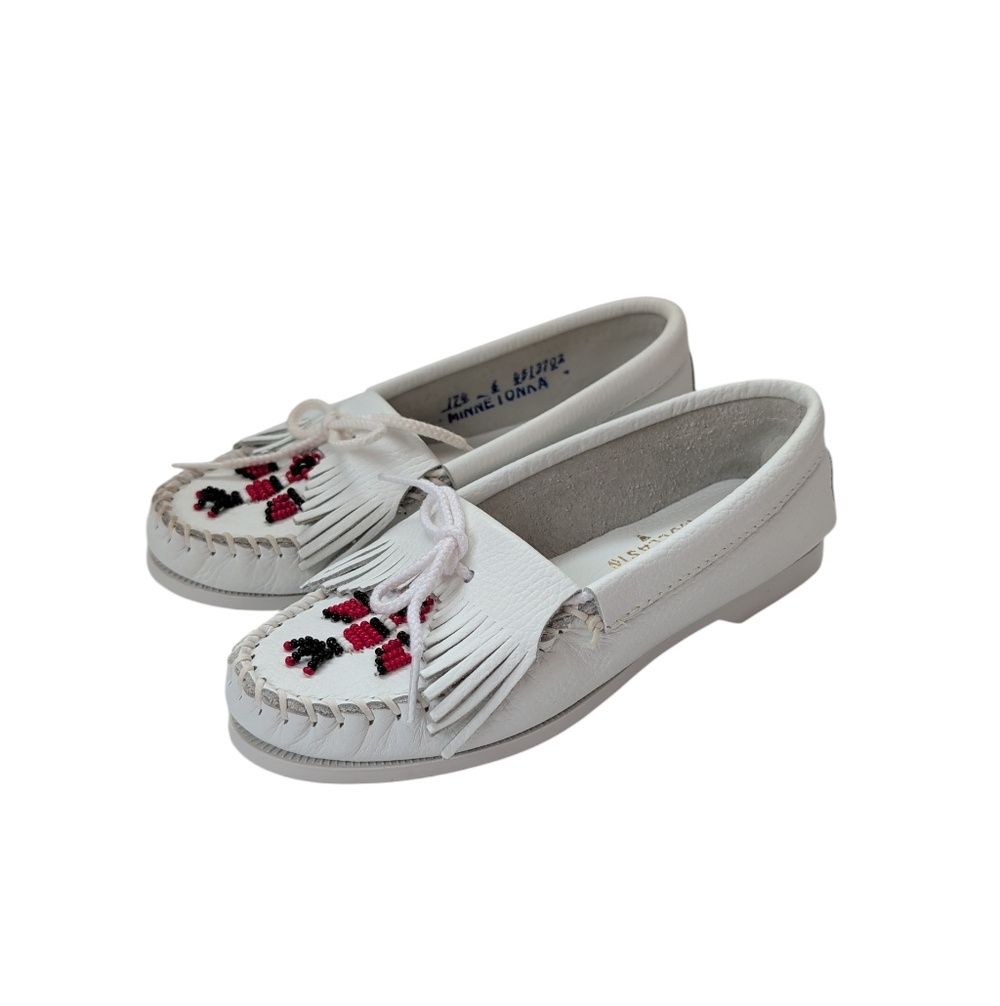 Vintage Minnetonka Moccasin Leather Beaded Fringe Moccasins 6 White Red Black